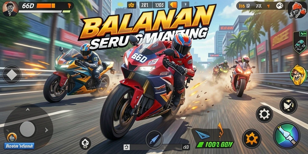 Tampilan menegangkan dari gameplay balapan motor di 66D.