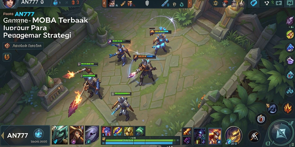 Screenshot AN777 menunjukkan pertempuran seru di arena MOBA.