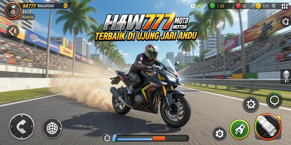 Screenshot gameplay HW777 menampilkan aksi balapan motor yang mendebarkan.