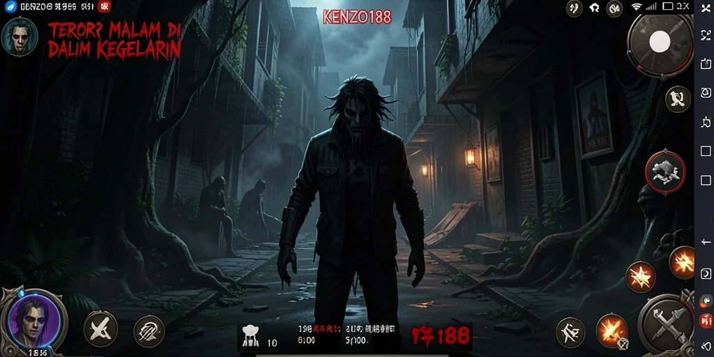 Screenshot gameplay KENZO188 yang menunjukkan suasana menyeramkan dan tantangan di dalamnya.