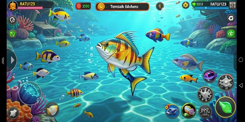 Menampilkan gameplay seru dalam RATU123 saat menembak ikan.