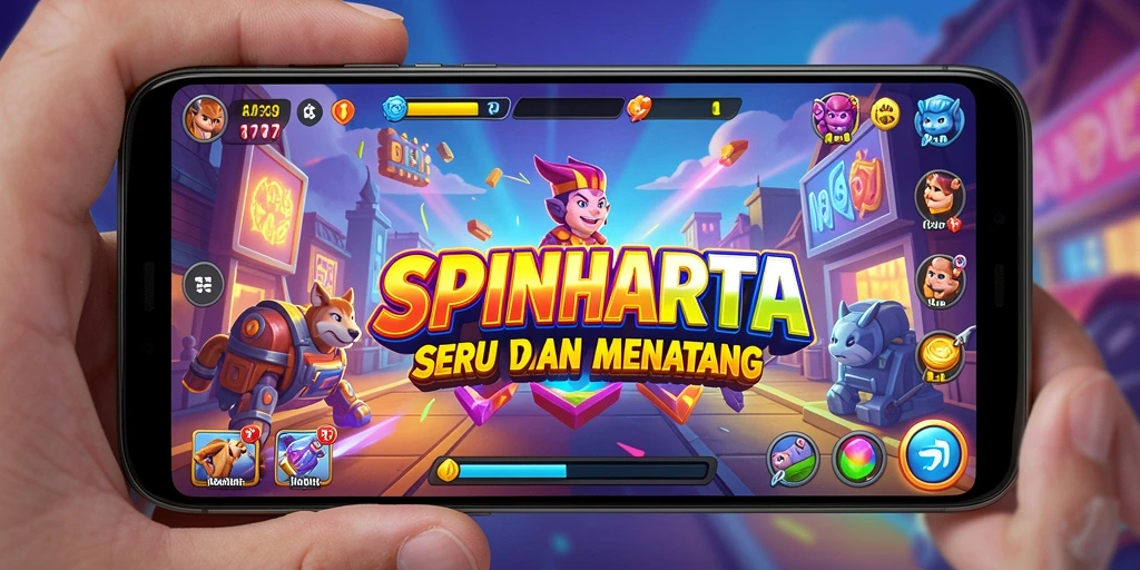 Tampilan gameplay SPINHARTA yang penuh warna dan menarik.