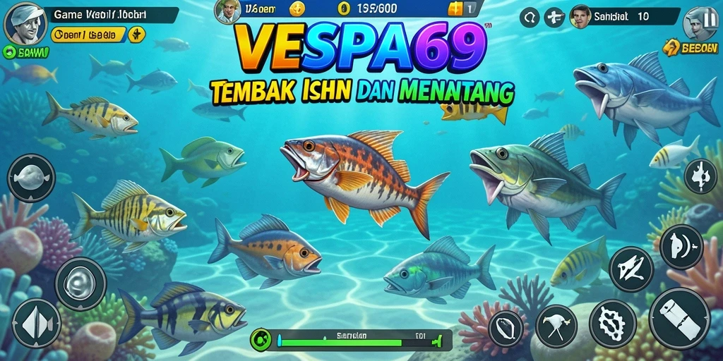 Tampilan gameplay VESPA69 dengan berbagai ikan yang bisa ditembak.